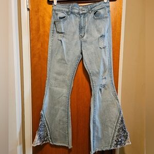 POL Floral Patchwork Wide Leg Flare Jeans - Large - VGUC